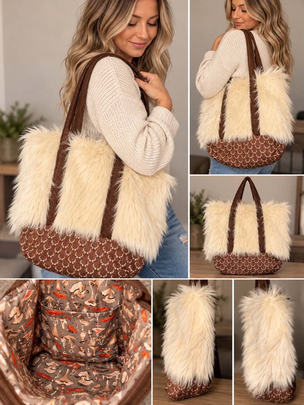 Handmade Faux Fur and Antler Print Tote Bag Mushroom Lining